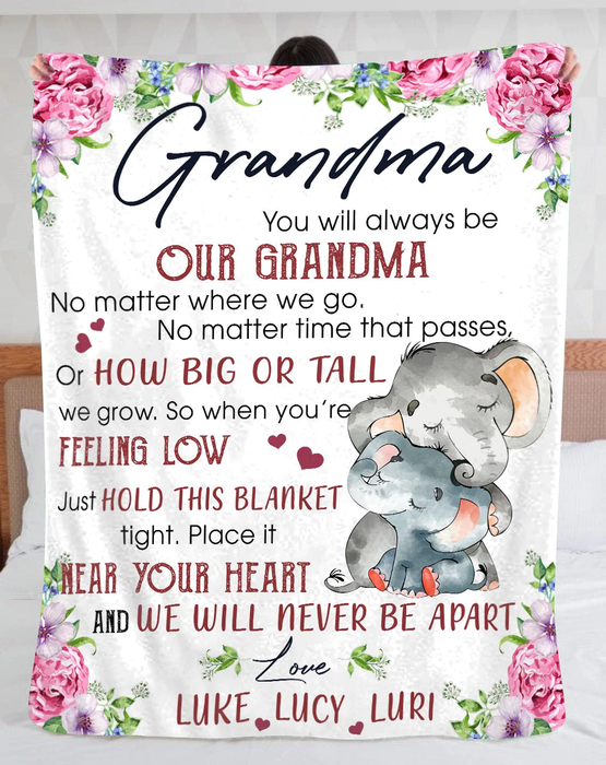 Personalized To My Grandma Blanket From Grandchildren Never Be Apart Hugging Elephant & Flowers Custom Name