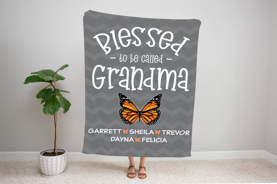 Personalized Blanket Blessed To Be Called Grandma Cute Butterfly Printed Zigzag Design Custom Grandkids Name