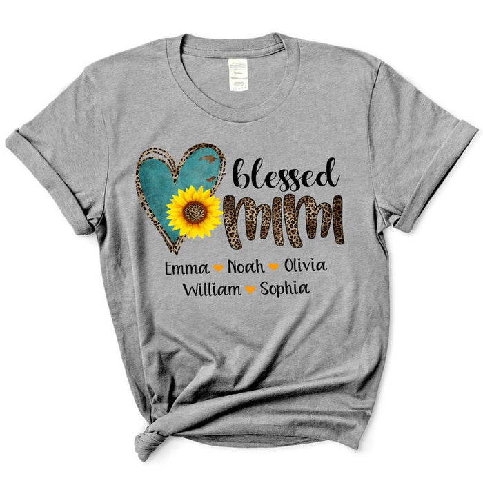 Personalized T-Shirt For Grandma Blessed Mimi Leopard Heart & Sunflower Printed Custom Grandkids Name Mother'S Day Shirt
