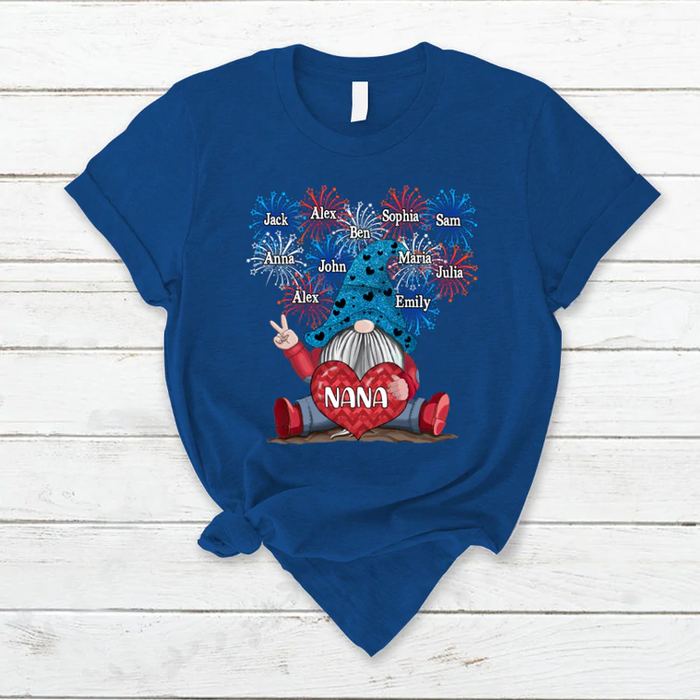 Personalized T-Shirt For Grandma Gnome & Fireworks Print USA Flag Design Custom Grandkids Name 4th Of July Shirt