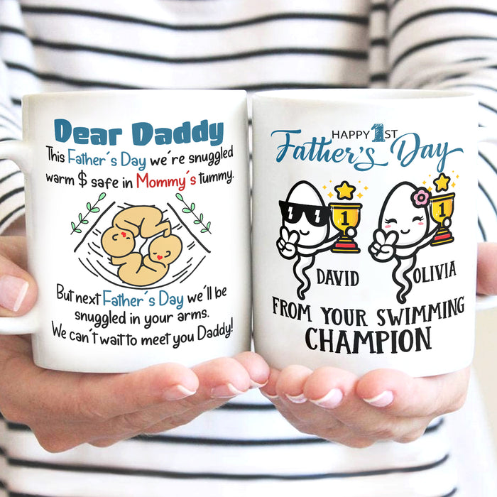 Personalized White Ceramic Coffee Mug For New Dad Funny Twins Baby Bump & Sperm Print Custom Kids Name 11 15oz Cup