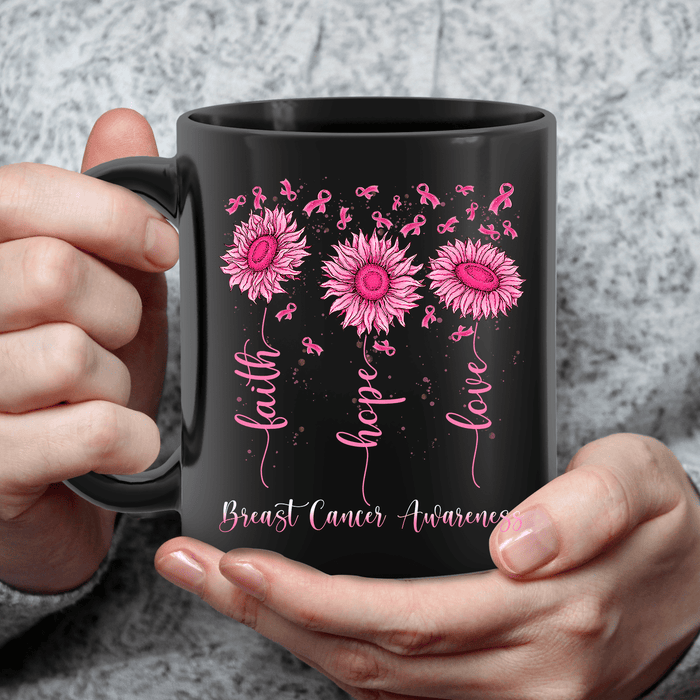 Novelty Ceramic Coffee Mug For Breast Cancer Awareness Pink Sunflower & Ribbon Design Custom Name 11 15oz Cup