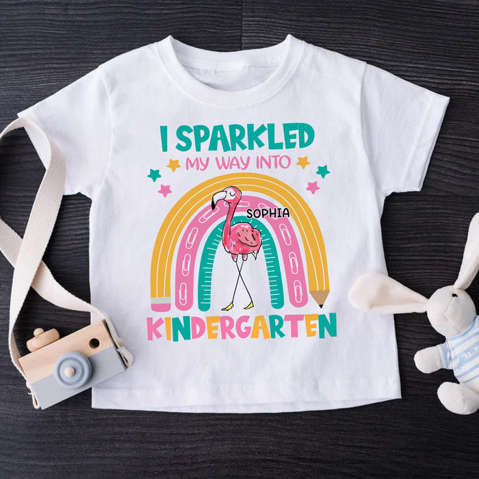 Personalized T-Shirt For Kids Sparkled My Way Into Kindergarten Colorful Design Rainbow & Flamingo Print Custom Name