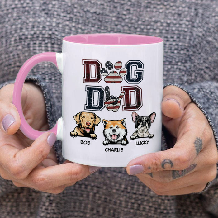 Personalized Accent Mug For Dog Dad Funny Vintage American Flag Pawprint Design Custom Dog's Name 11 15oz Cup
