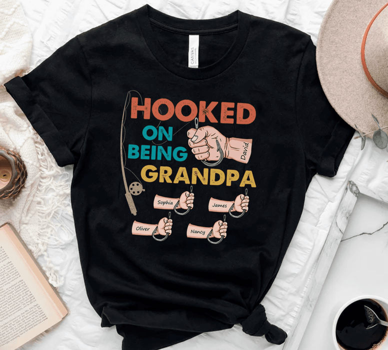 Personalized T-Shirt For Fishing Lovers Hooked On Being Grandpa Vintage Design Custom Grandkids Name Father's Day Shirt