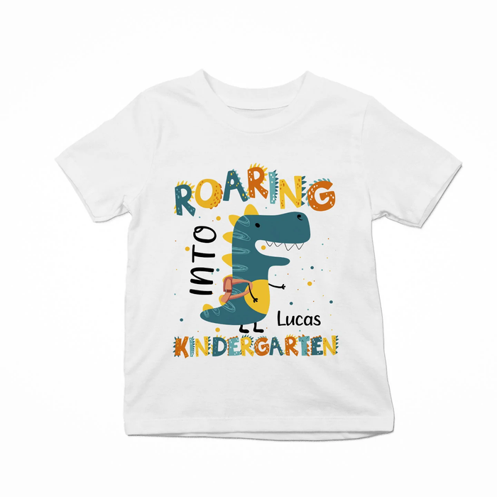 Personalized T-Shirt For Kids Roaring Into Colorful Design Dinosaur Print Custom Name Back To School Outfit