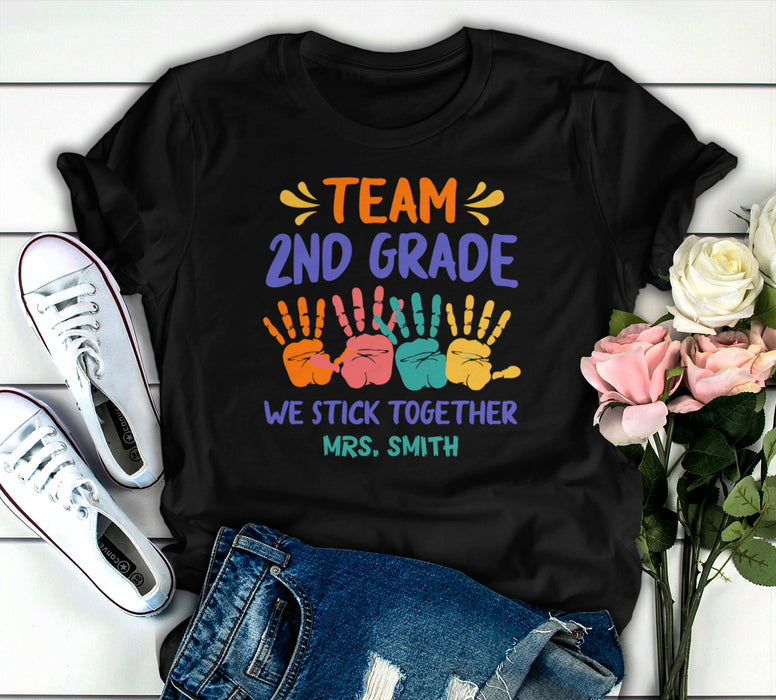 Personalized Unisex T-Shirt For Teachers Team 2nd Grade Colorful Handprint Printed Custom Name Back To School Outfit