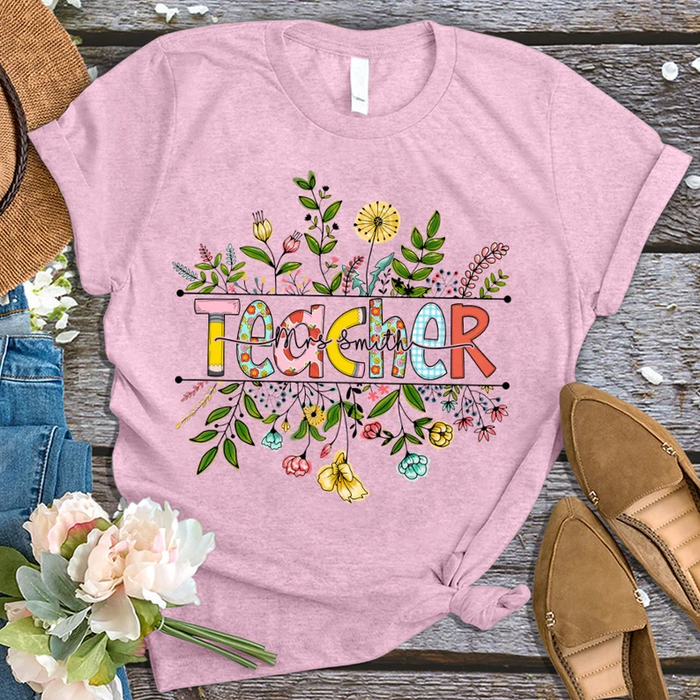 Personalized T-Shirt For Teachers Mrs. Smith Colorful Flowers Design Custom Name Back To School Outfit