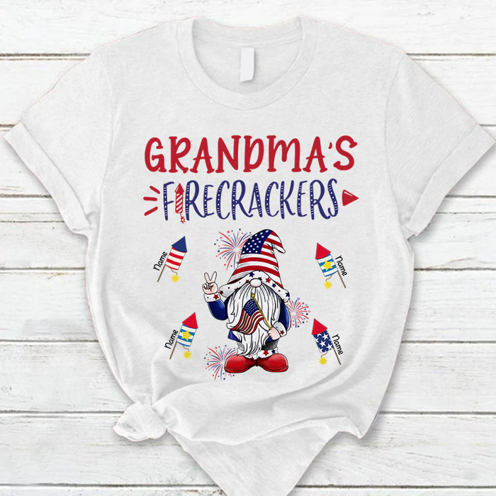 Personalized T-Shirt Grandma's Firecrackers Gnome Print USA Flag Design Custom Grandkids Name Independence Day Shirt