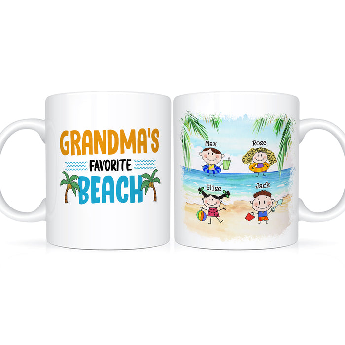 Personalized White Ceramic Coffee Mug Grandma's Favorite Beach Summer Theme Custom Grandkids Name 11 15oz Cup