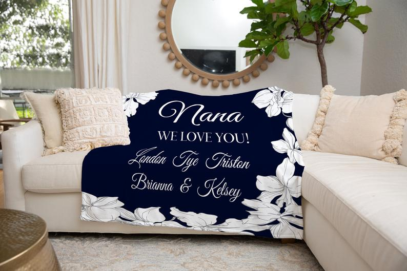 Personalized We Love You Nana Fleece Blanket For Grandma Mom White Flower Pattern Print Custom Nickname & Grandkids Name