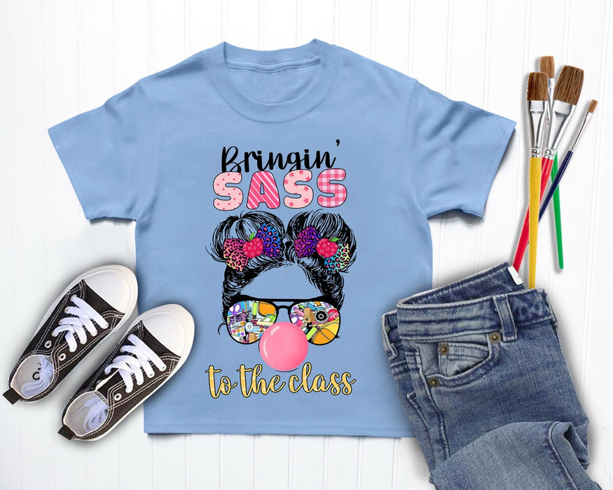 Personalized T-Shirt For Kids Sass To The Class Messy Bun Hair Cute Girl With Glasses Custom Name Back To School Outfit