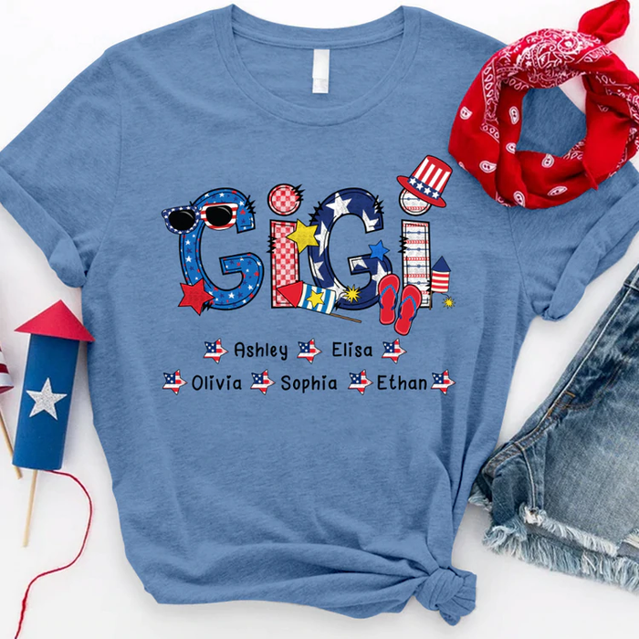 Personalized T-Shirt For Grandma Star & Flip Flops Print USA Flag Design Custom Grandkids Name 4th Of July Shirt