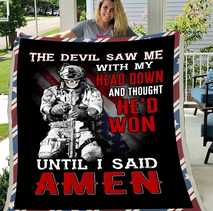 Blanket for Veteran The Devil Saw Me With My Head Down And Thought He Would Won Print Soldiers Skull Helmet