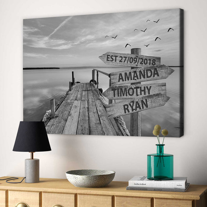 Personalized Wall Art Canvas For Family Black And White Lake Vintage Street Sign Poster Custom Multi Name & Date