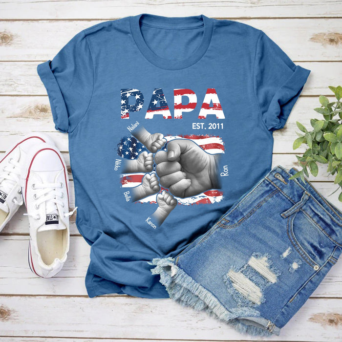 Personalized T-Shirt For Grandpa Papa EST Year Vintage USA Flag Design Custom Grandkids Name 4th Of July Shirt