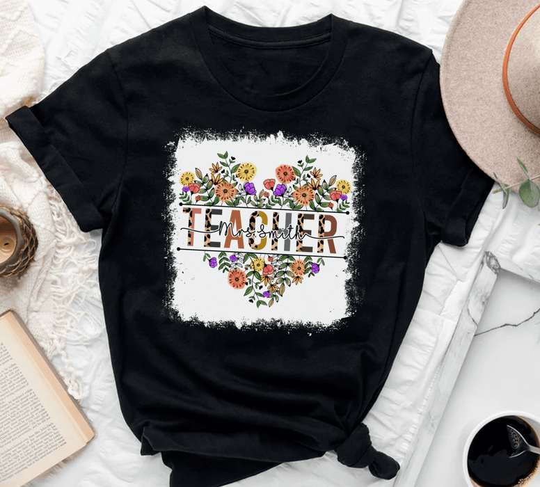 Personalized T-Shirt For Teachers Colorful Leopard & Flower Print Heart Design Custom Name Back To School Outfit