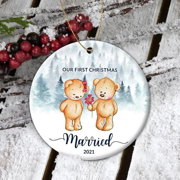 Personalized Ornament Gifts For Newlywed Our First Christmas Married Cute Bear Custom Name Tree Hanging On Anniversary