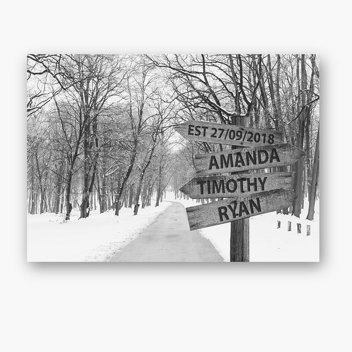 Personalized Wall Art Canvas For Family Black & White Winter Street Sign Est Year Poster Custom Multi Name & Date