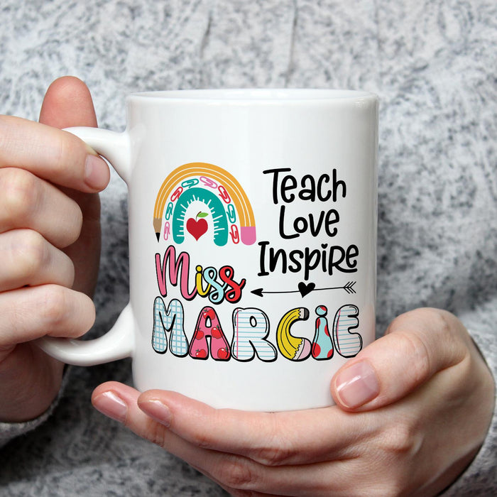 Personalized Ceramic Coffee Mug For Teachers Teach Love Inspire Rainbow Design Custom Name 11 15oz Back To School Cup