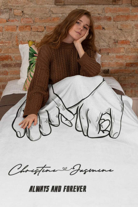 Personalized White Fleece Blanket For Couple On Valentines Hand In Hand Print Blanket Custom Name