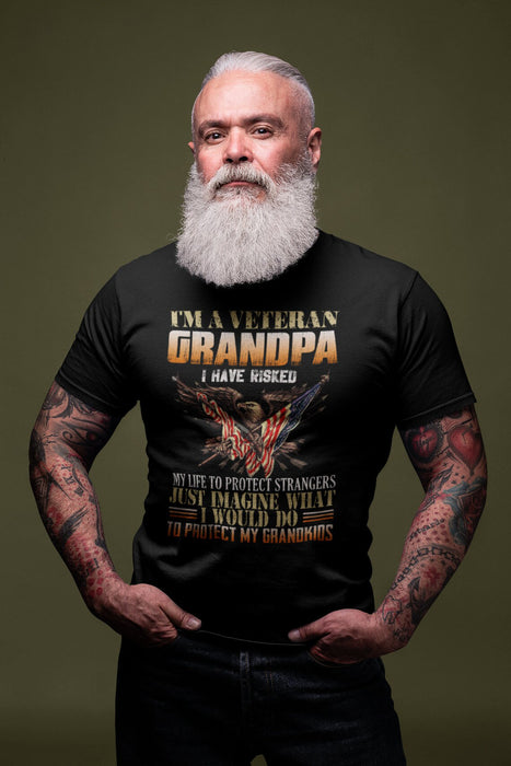 Classic T-Shirt I'm A Veteran Grandpa I Have Risked My Life To Protect Strangers Eagle & US Flag Red White Blue Shirt