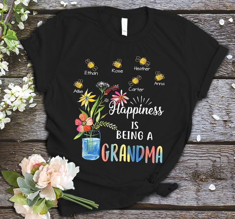 Personalized T-Shirt For Grandma Happiness Is Being Grandma Flower And Bees Printed Custom Grandkids Name Shirt