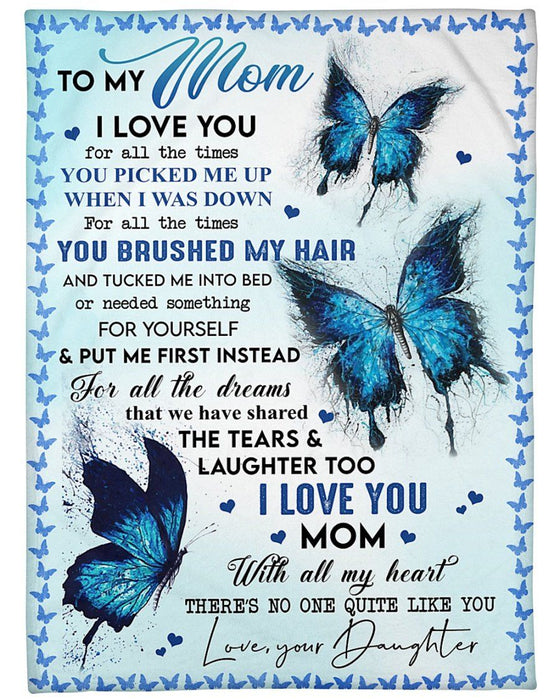 Personalized Fleece Blanket For Mom Print Blue Butterfly Customized Blanket Gifts For Mother's Day, Thanksgiving, Birthday