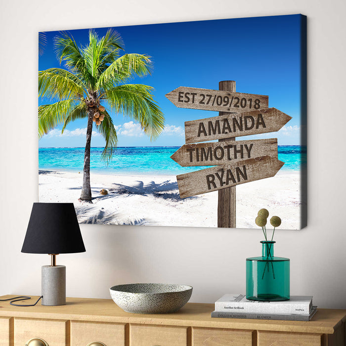 Personalized Wall Art Canvas For Family Coconut On The Sunny Beach Street Sign Poster Custom Multi Name & Date