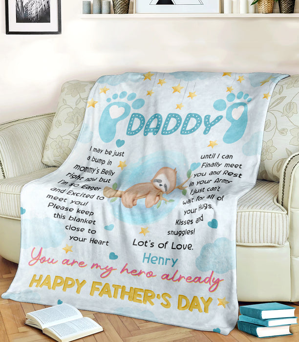 Personalized Fleece Sherpa Blanket From Baby Boy To New Daddy Cute Sloth I Just Can't Wait Custom Name Happy Fathers Day