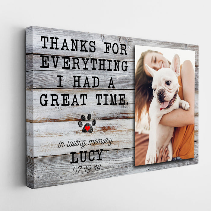 Personalized Memorial Canvas Wall Art For Loss Of Cat Dog Thanks For Everything Vintage Pawprint Custom Name & Photo