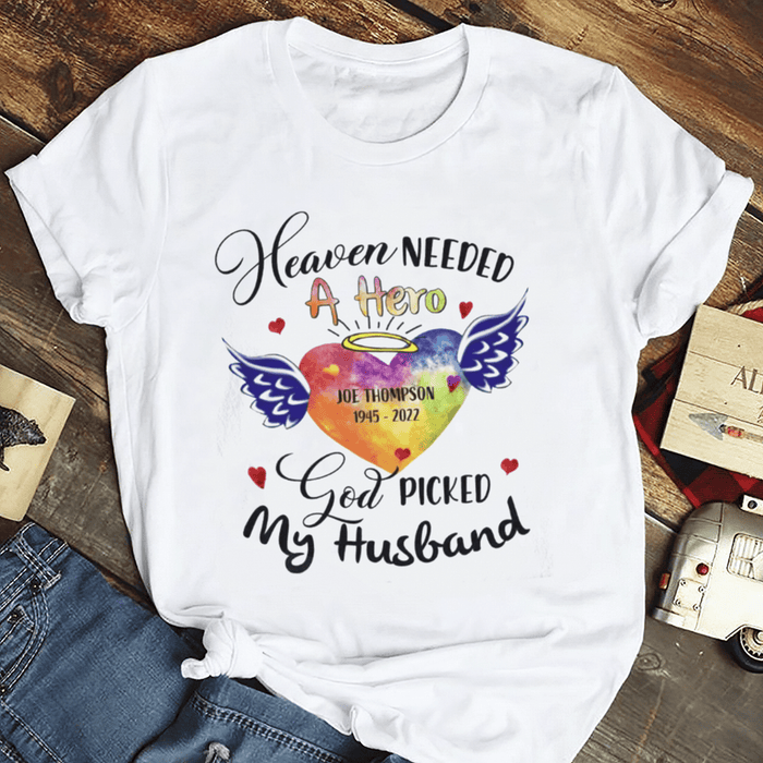 Personalized Memorial T-Shirt For Loss Of Loved Ones God Picked My Husband Angel Wings Custom Name Sympathy Gifts