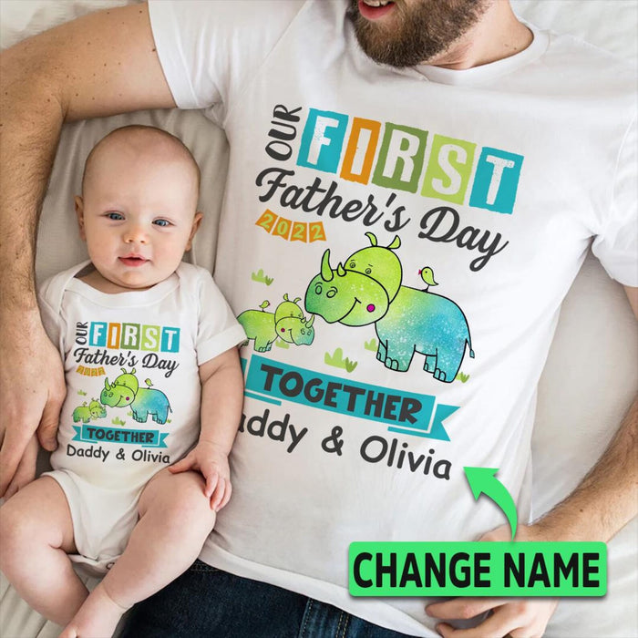 Personalized Matching T-Shirt & Baby Onesie Our First Father's Day Cute Funny Dinosaur Custom Name Daddy & Baby Set