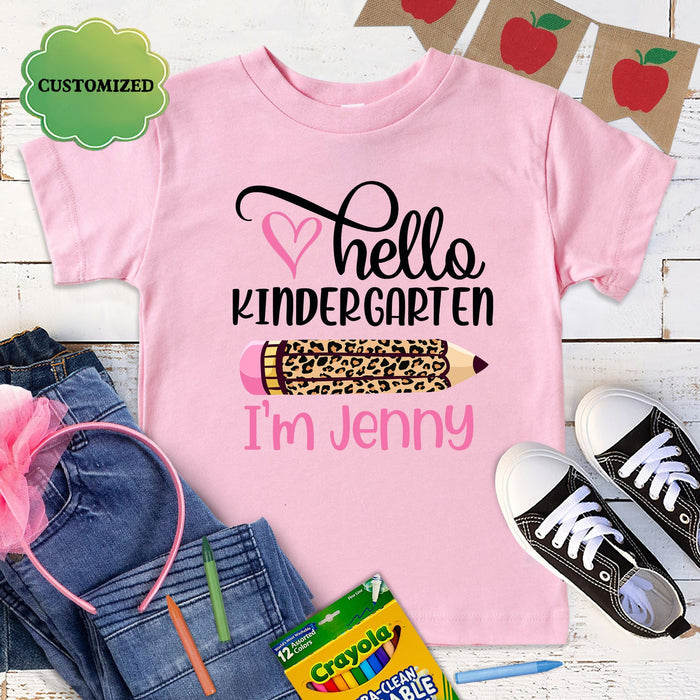 Personalized T-Shirt For Kids Hello Kindergarten Leopard Pencil Printed Custom Name Grade Level Back To School Outfit