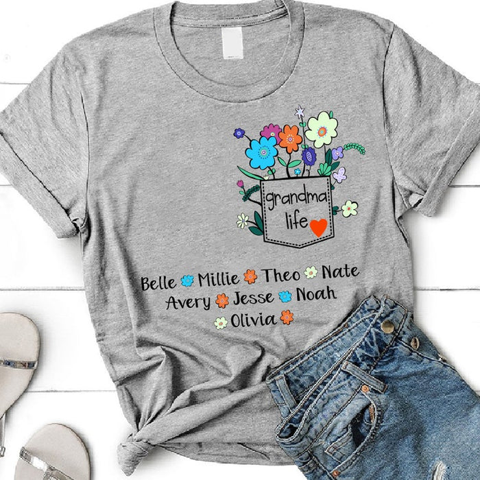 Personalized T-Shirt Grandma Life Colorful Flower Pocket Printed Custom Grandkids Name Mother'S Day Shirt