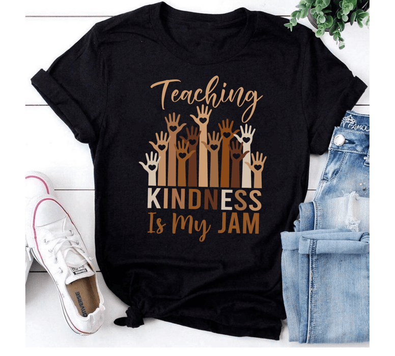 Classic T-Shirt For Teachers Teaching Kindness Colorful Raised Hand Design Custom Name Back To School Outfit