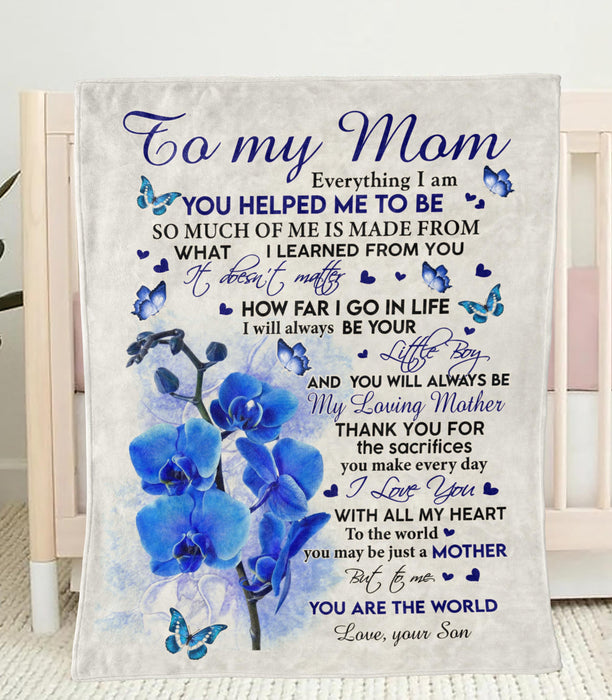 Personalized Blanket To My Mom From Son My Loving Mother Blue Orchid Flower And Butterfly Print Custom Name