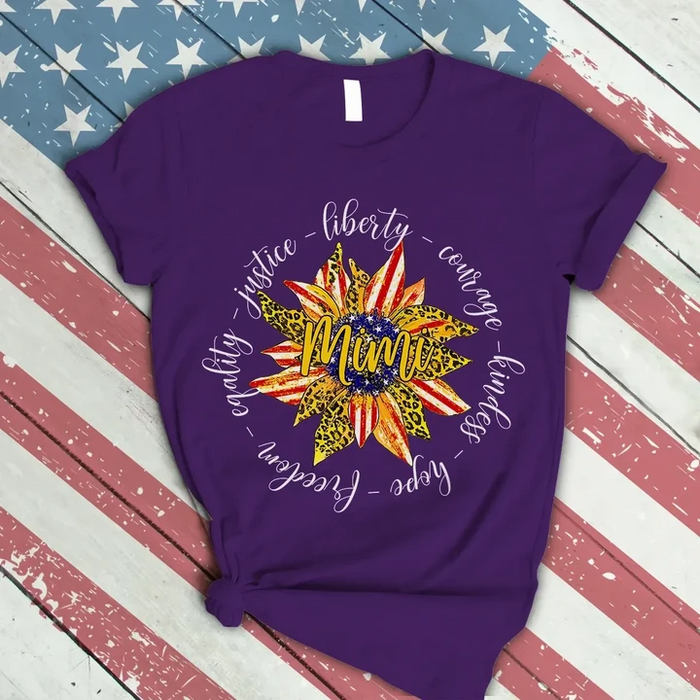 Personalized T-Shirt For Grandma Sunflower With Leopard & USA Flag Design Custom Grandkids Name 4th July Day Shirt