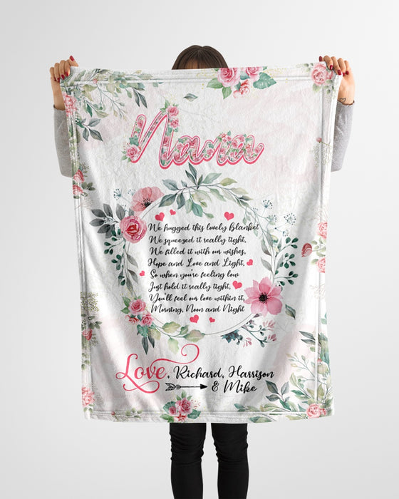 Personalized Fleece Blanket For Grandma Mom Rustic Floral Wreath Pattern Print Customized Nana & Grandkids Name