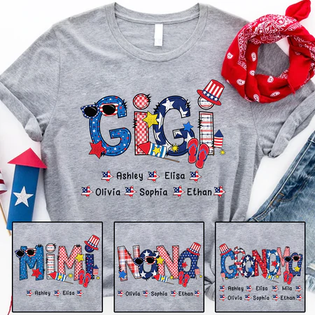 Personalized T-Shirt For Grandma Star & Flip Flops Print USA Flag Design Custom Grandkids Name 4th Of July Shirt