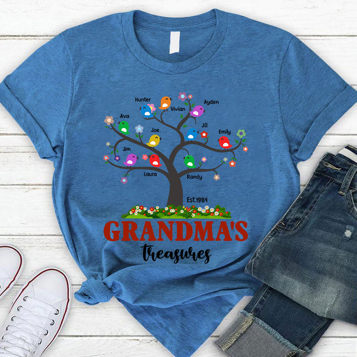 Personalized T-Shirt For Grandma Cute Tree & Bird Print Custom Grandkid's Name & Year Mother's Day Shirt