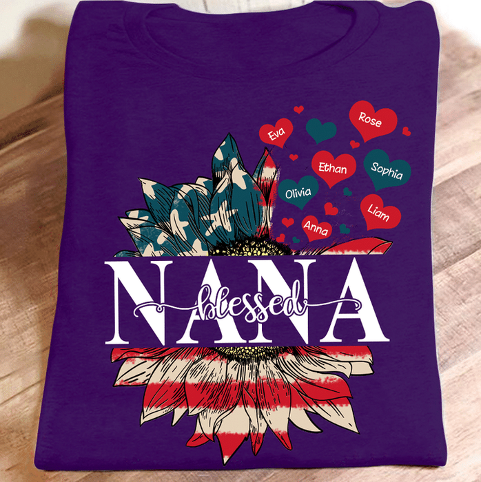 Personalized T-Shirt For Grandma Sunflower & Heart Printed USA Flag Design Custom Grandkids Name 4th July Day Shirt