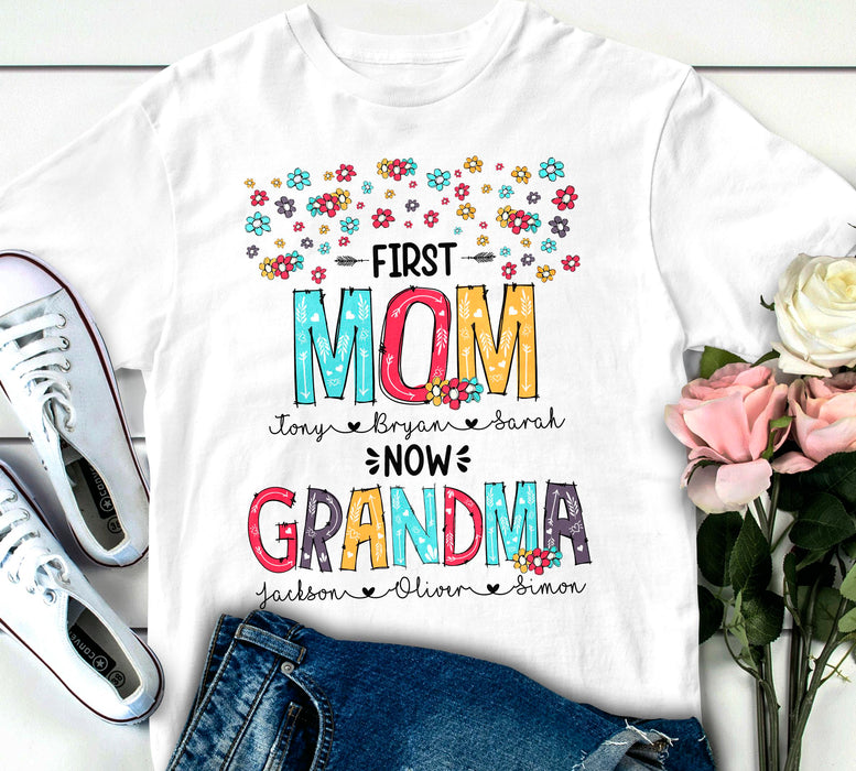 Personalized T-Shirt For Mom Grandma First Mom Now Grandma Flower & Arrow Printed Custom Kids Grandkids Name