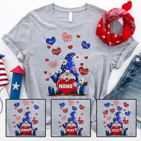 Personalized T-Shirt For Grandma Gnome Heart & Daisy Print USA Flag Design Custom Grandkids Name 4th Of July Shirt