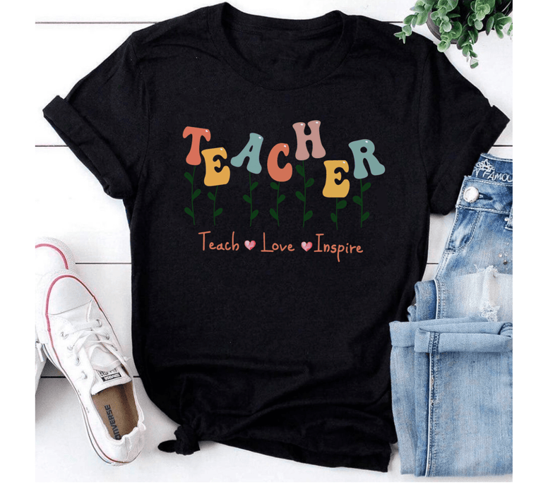 Personalized T-Shirt For Teachers Teach Love Inspire Colorful Design Custom Name Back To School Outfit