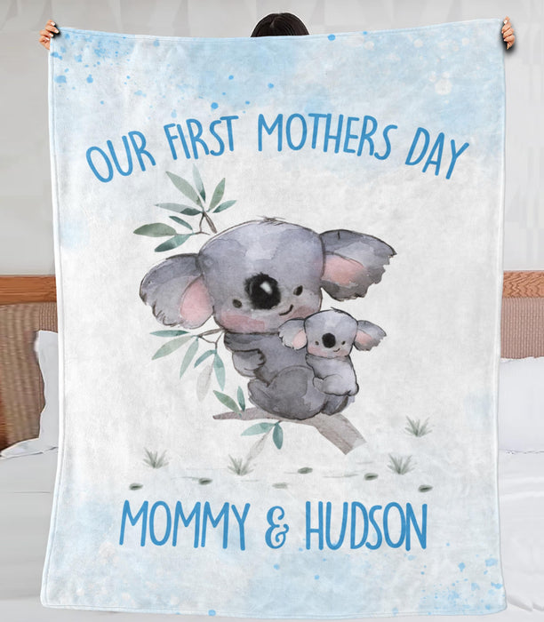 Personalized Premium Blue Blanket For New Mom Our First Mother'S Day Mommy & Sun Cute Koala Printed Custom Name