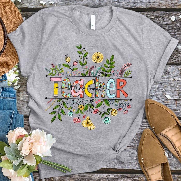 Personalized T-Shirt For Teachers Mrs. Smith Colorful Flowers Design Custom Name Back To School Outfit