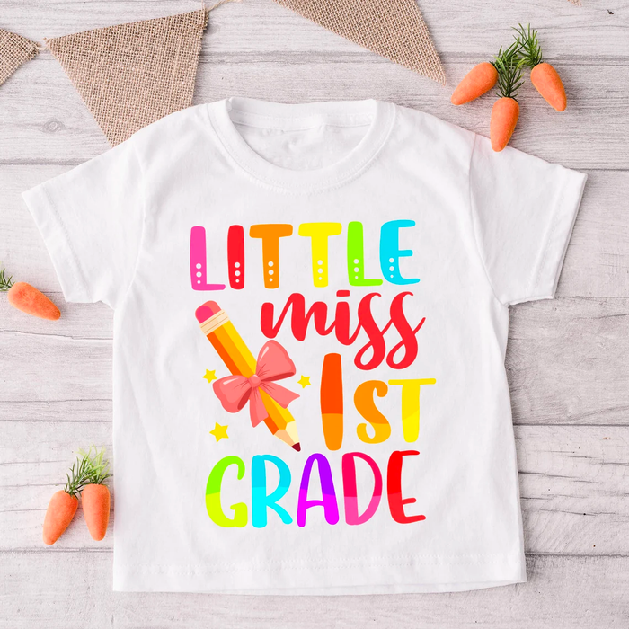 Personalized T-Shirt For Kid Little Miss Pencil & Ribbon Colorful Design Custom Name Back To School Outfit