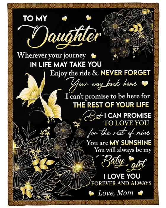 Personalized Black Fleece Blanket To My Daughter Gold Butterflies & Flowers Design Prints Customized Name Throws