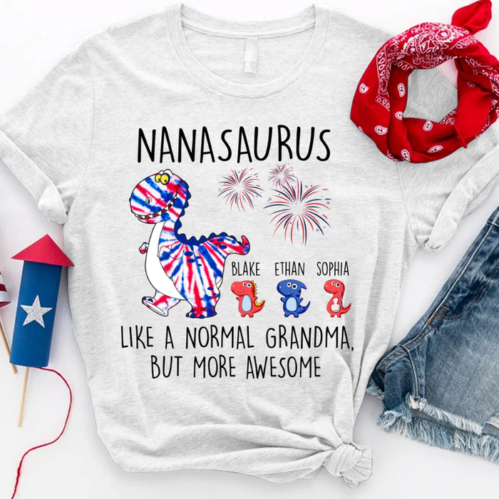 Personalized T-Shirt For Grandma Nanasaurus Dinosaur Print USA Flag Design Custom Grandkids Name 4th Of July Shirt